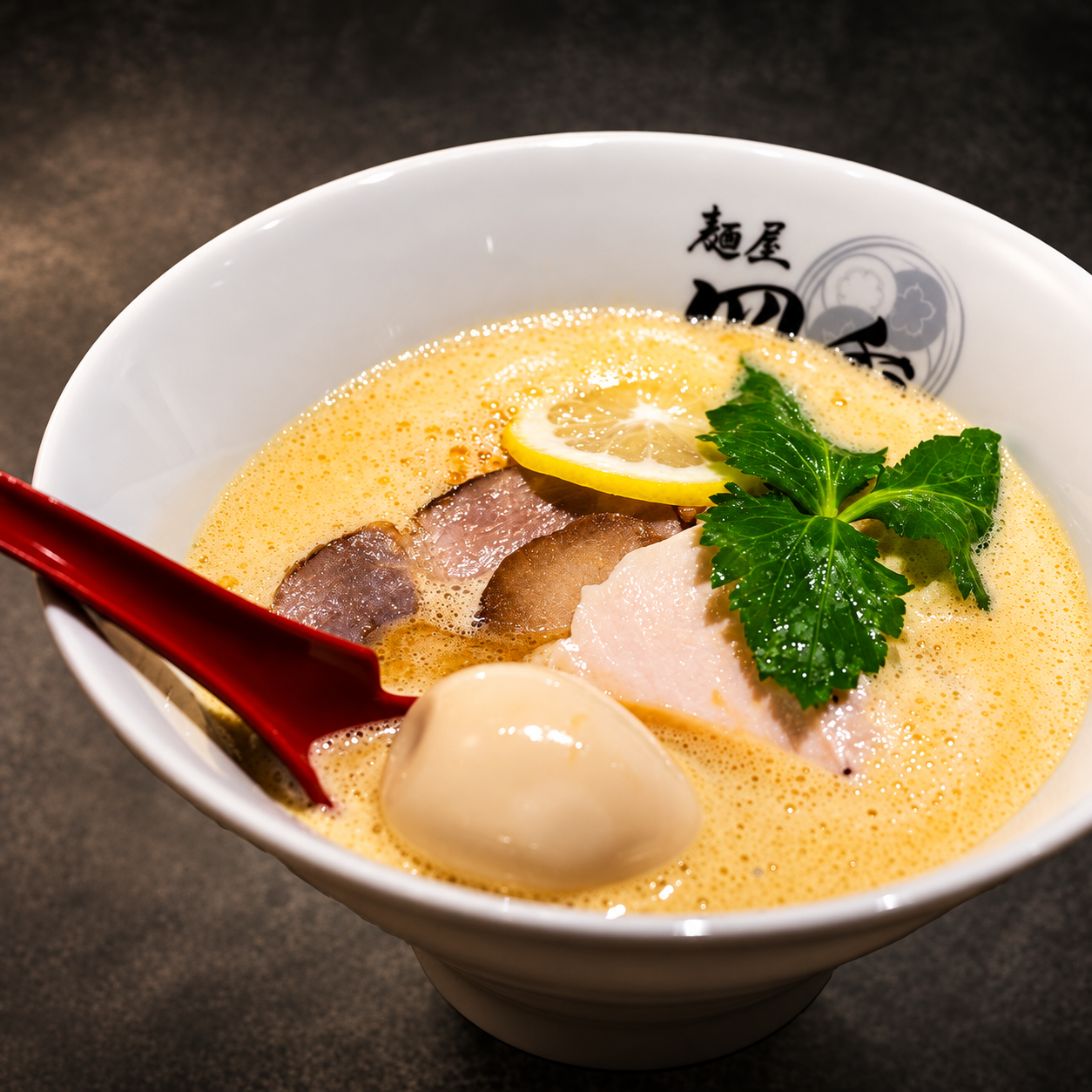 濃厚雞白湯拉麵，金黃細緻泡沫搭配原有叉燒、溏心蛋與三葉